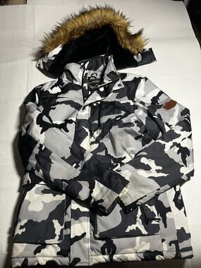 MOERDENG Mens Small Camo Winter Ski Jacket Faux Fur Hood Waterproof Parka